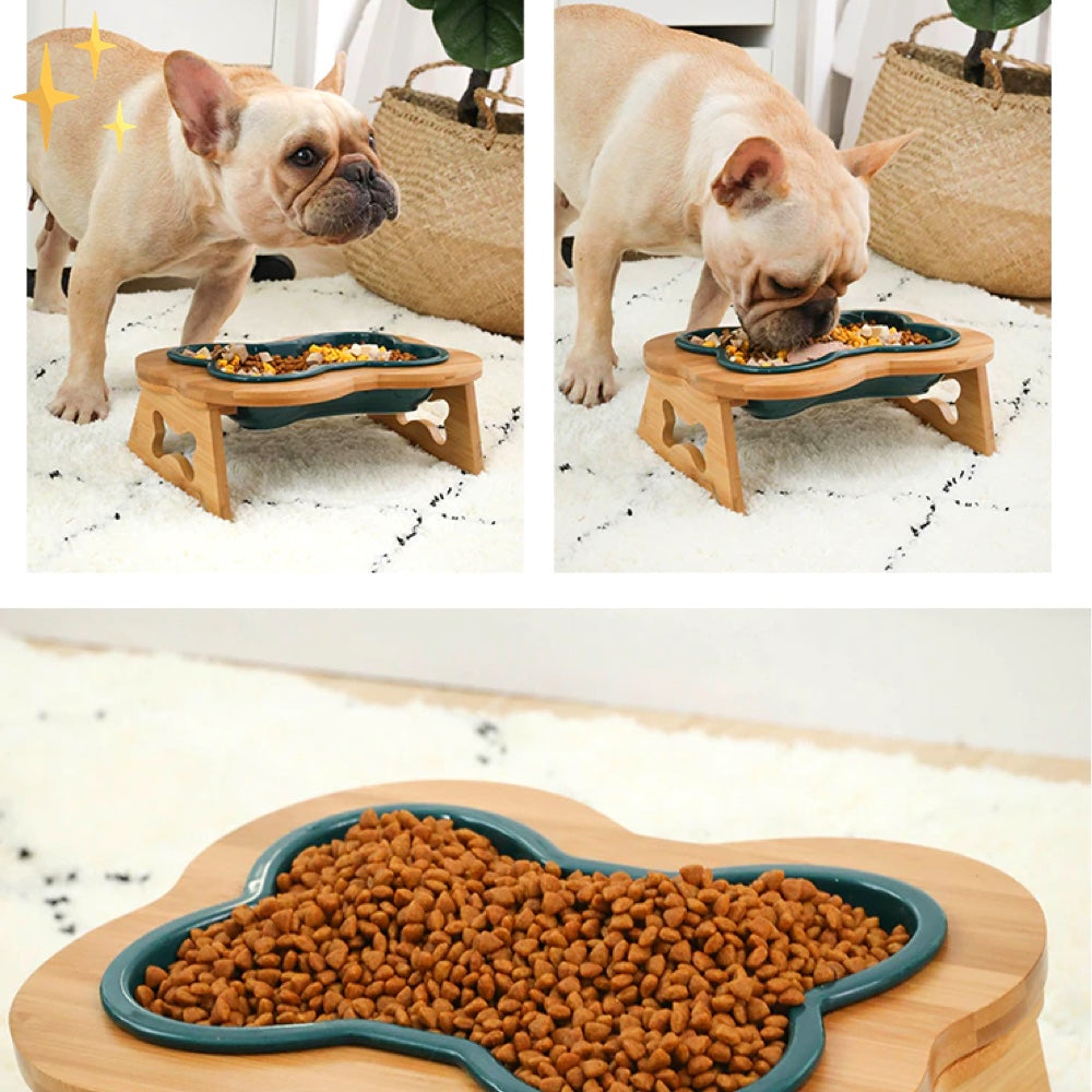 Ceramic dog food bowl with wooden elevation - Bonefeast