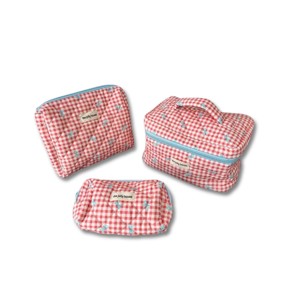 Chloe | Charming Checked Makeup Bag Set with Bow Design