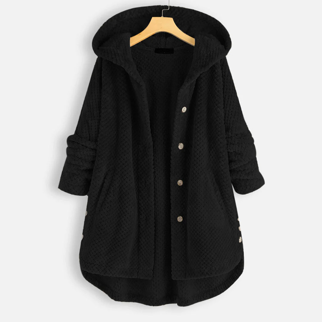 Ladies long winter button down jacket | Hood-2