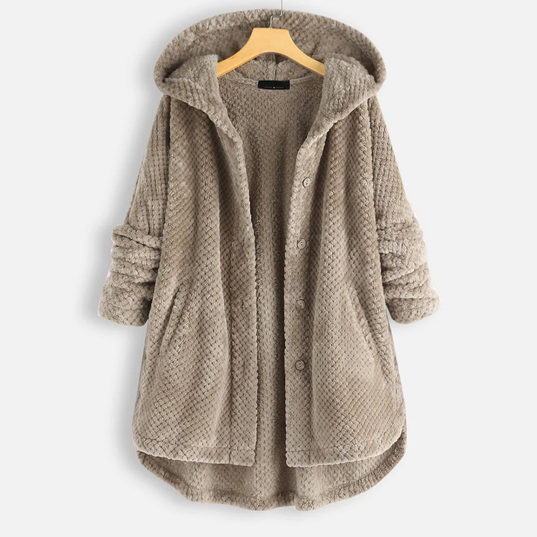 Ladies long winter button down jacket | Hood-3
