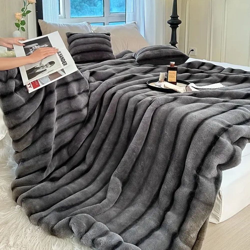  Ruched Faux Rabbit Fur Blanket-4