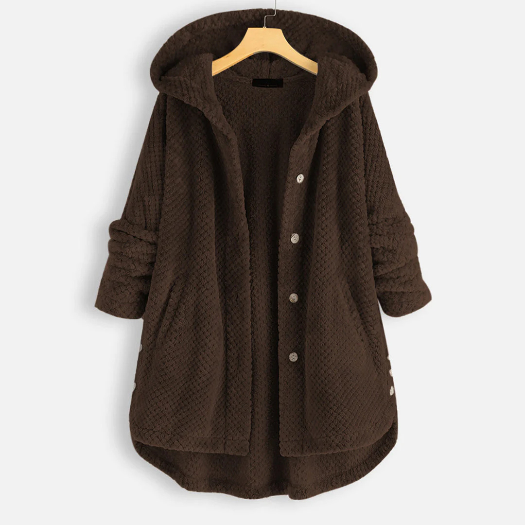 Ladies long winter button down jacket | Hood-4