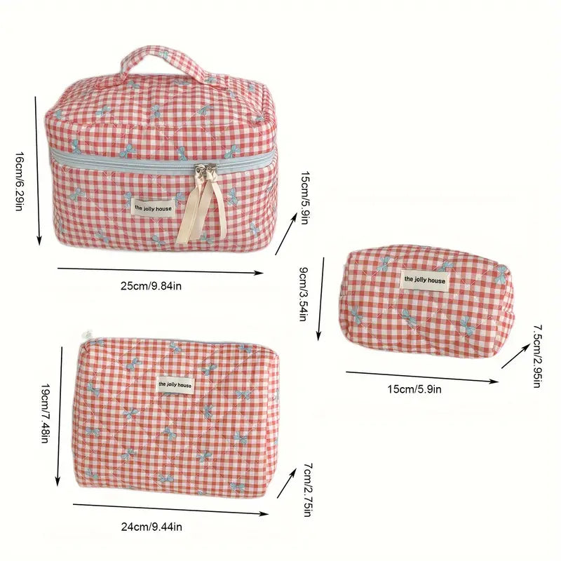 Chloe | Charming Checked Makeup Bag Set with Bow Design