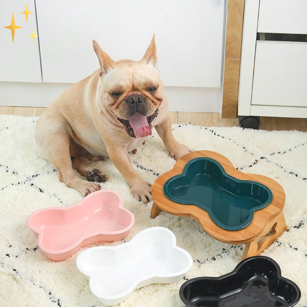 Ceramic dog food bowl with wooden elevation - Bonefeast