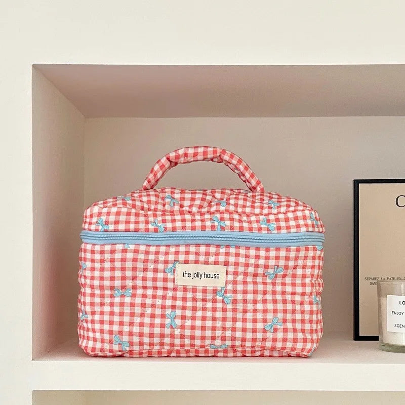 Chloe | Charming Checked Makeup Bag Set with Bow Design