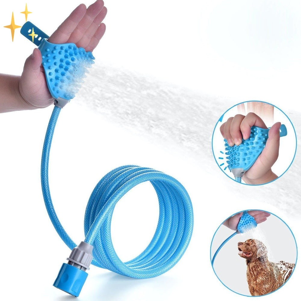 Dog shower glove with brush and garden hose in One - Aquapaw