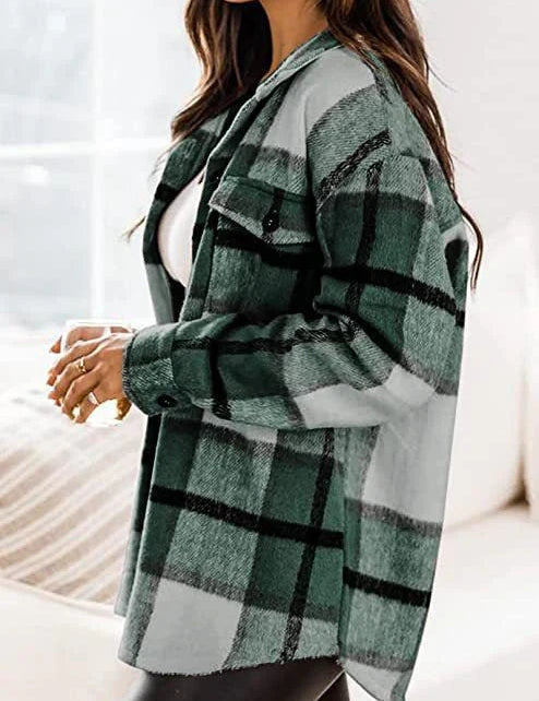 Women's long -sleeved warm shirt jacket | Down button-2