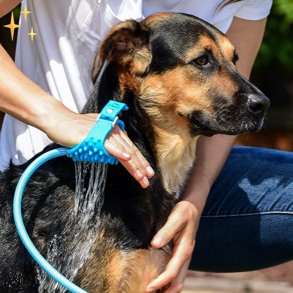 Dog shower glove with brush and garden hose in One - Aquapaw