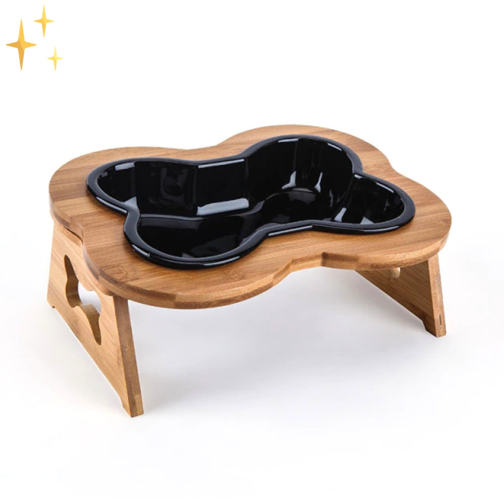 Ceramic dog food bowl with wooden elevation - Bonefeast