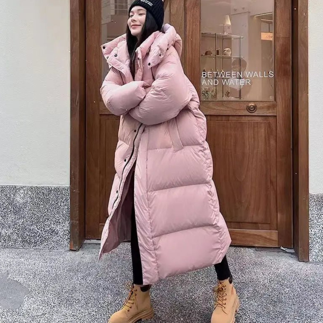 Women's long winter buffer down jacket | Hood-2