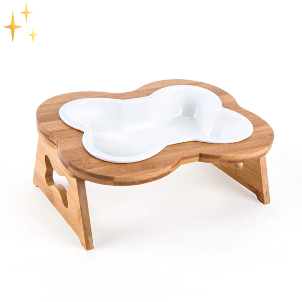 Ceramic dog food bowl with wooden elevation - Bonefeast