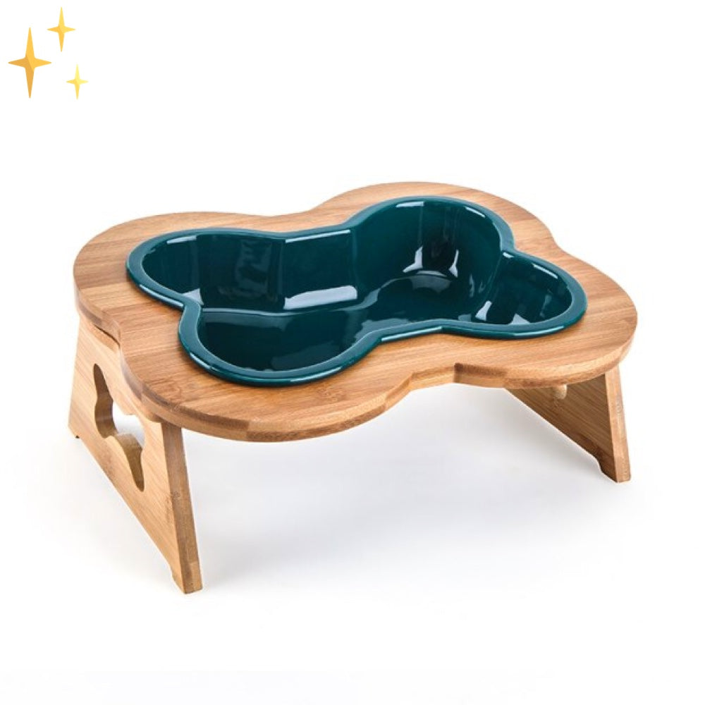 Ceramic dog food bowl with wooden elevation - Bonefeast