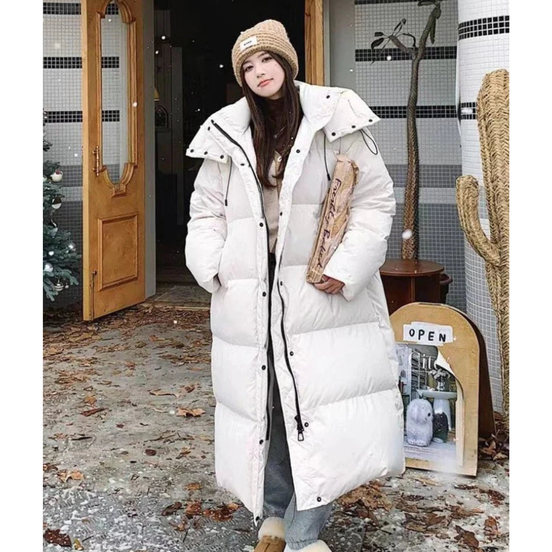 Women's long winter buffer down jacket | Hood-4