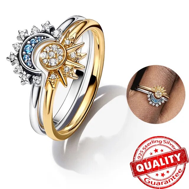 Celestia | Moon-Sun Silver Crystal Ring Sparkling & Elegant