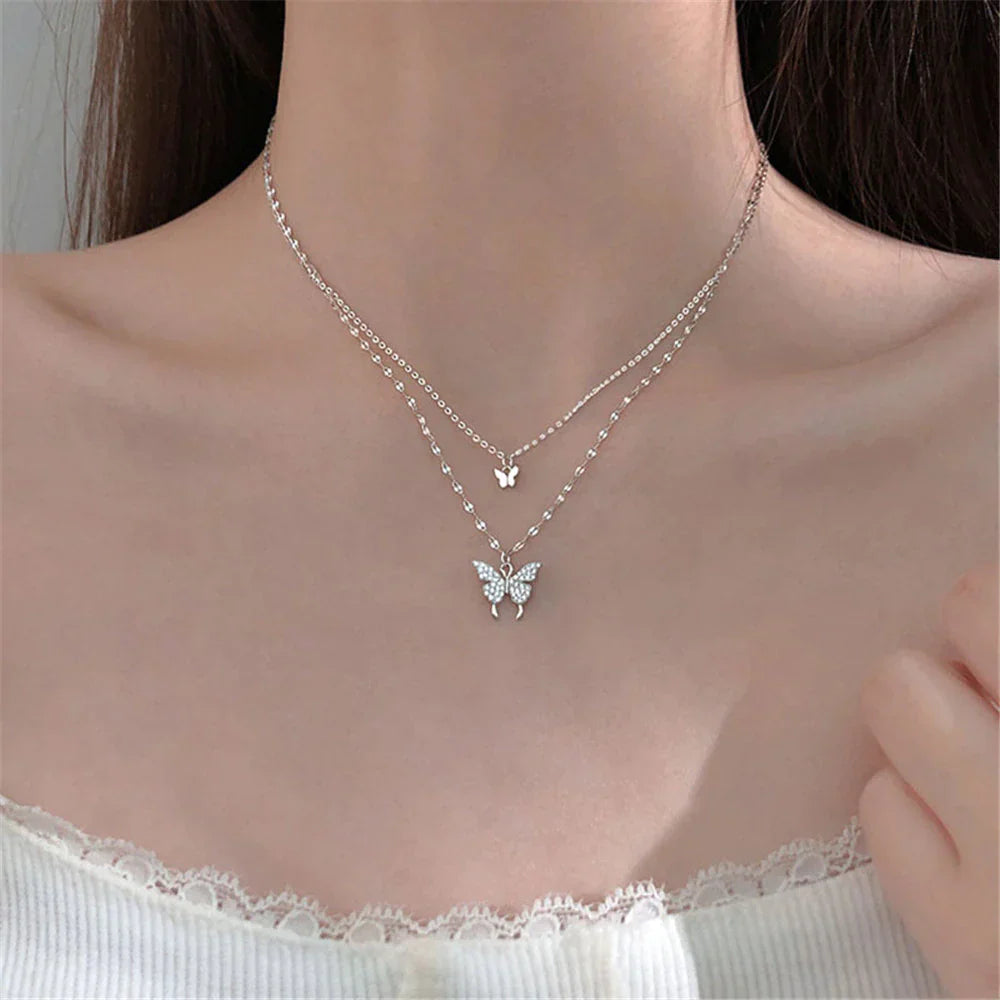 GracefulGlow | Silver Necklace Set with Shimmering Butterfly