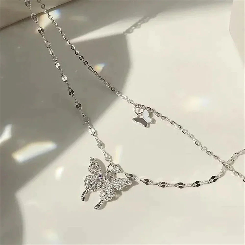GracefulGlow | Silver Necklace Set with Shimmering Butterfly