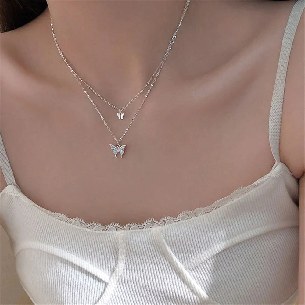 GracefulGlow | Silver Necklace Set with Shimmering Butterfly