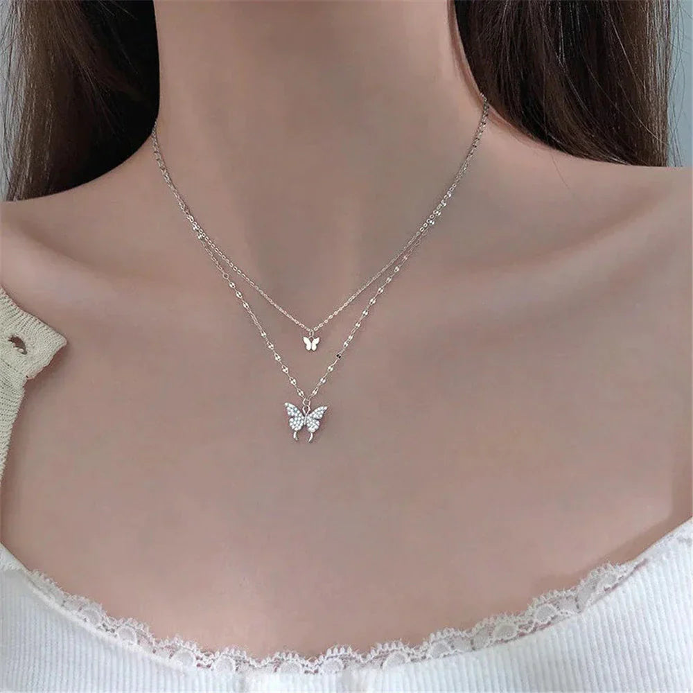 GracefulGlow | Silver Necklace Set with Shimmering Butterfly