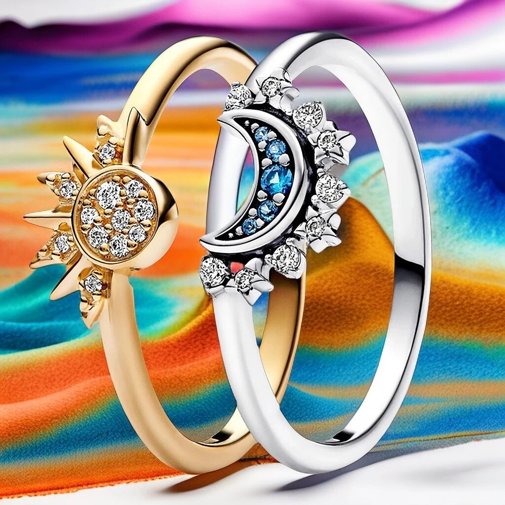 Celestia | Moon-Sun Silver Crystal Ring Sparkling & Elegant