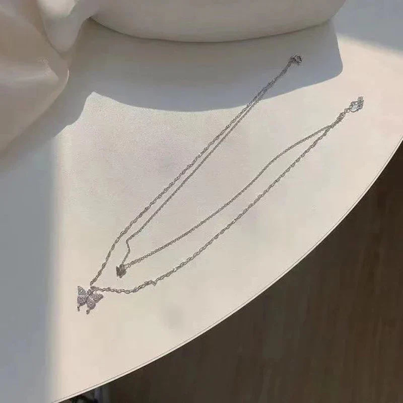 GracefulGlow | Silver Necklace Set with Shimmering Butterfly