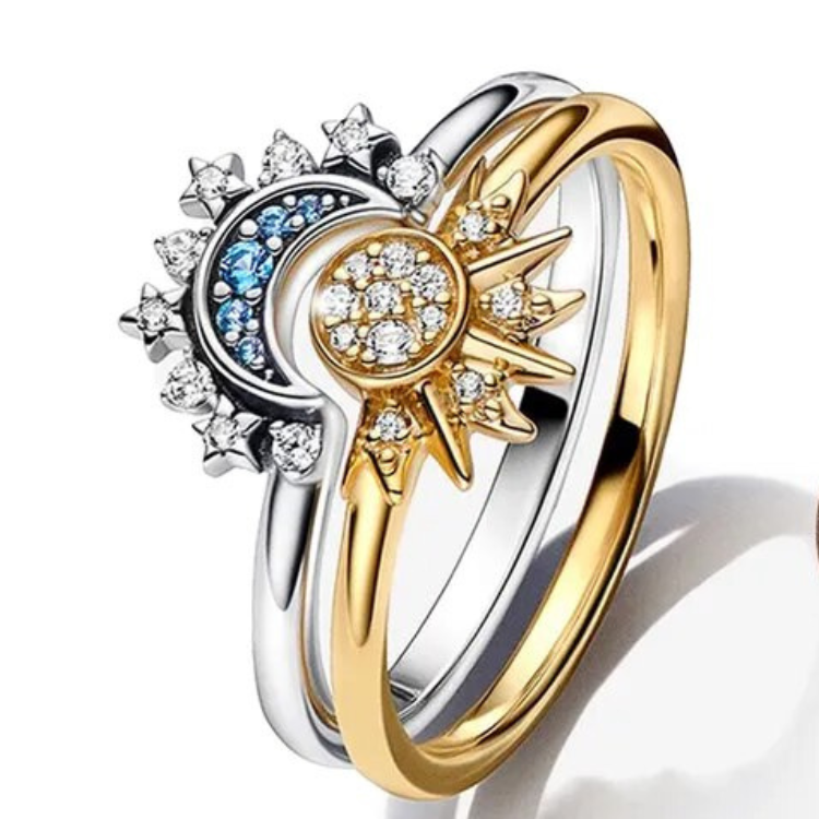 Celestia | Moon-Sun Silver Crystal Ring Sparkling & Elegant