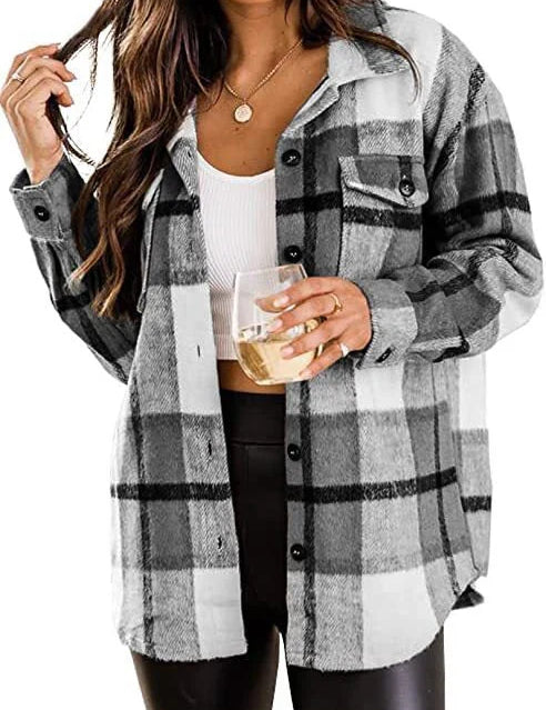 Women's long -sleeved warm shirt jacket | Down button-6