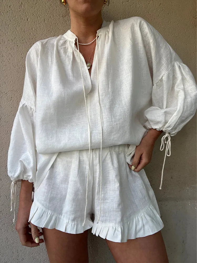 Zara | Elegant V-Neck Shirt And Ruffle Shorts Set