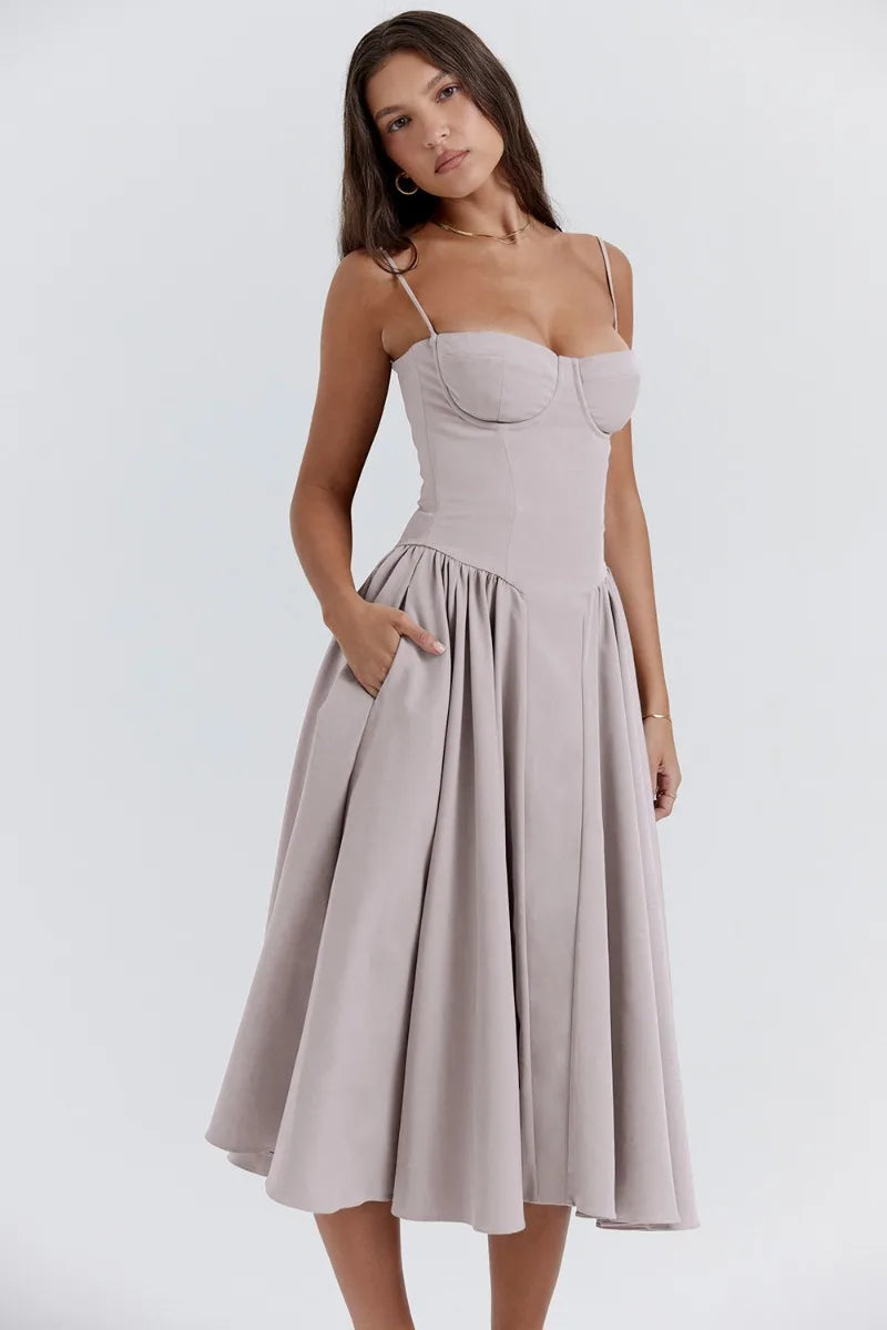 Talum | Chic Sleeveless Midi Sun Dress With Corset Fit