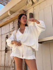 Zara | Elegant V-Neck Shirt And Ruffle Shorts Set