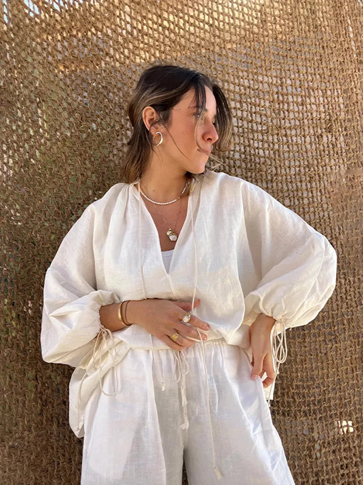 Zara | Elegant V-Neck Shirt And Ruffle Shorts Set