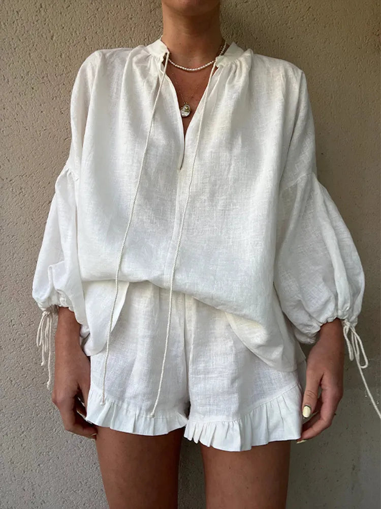 Zara | Elegant V-Neck Shirt And Ruffle Shorts Set
