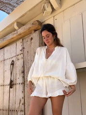Zara | Elegant V-Neck Shirt And Ruffle Shorts Set