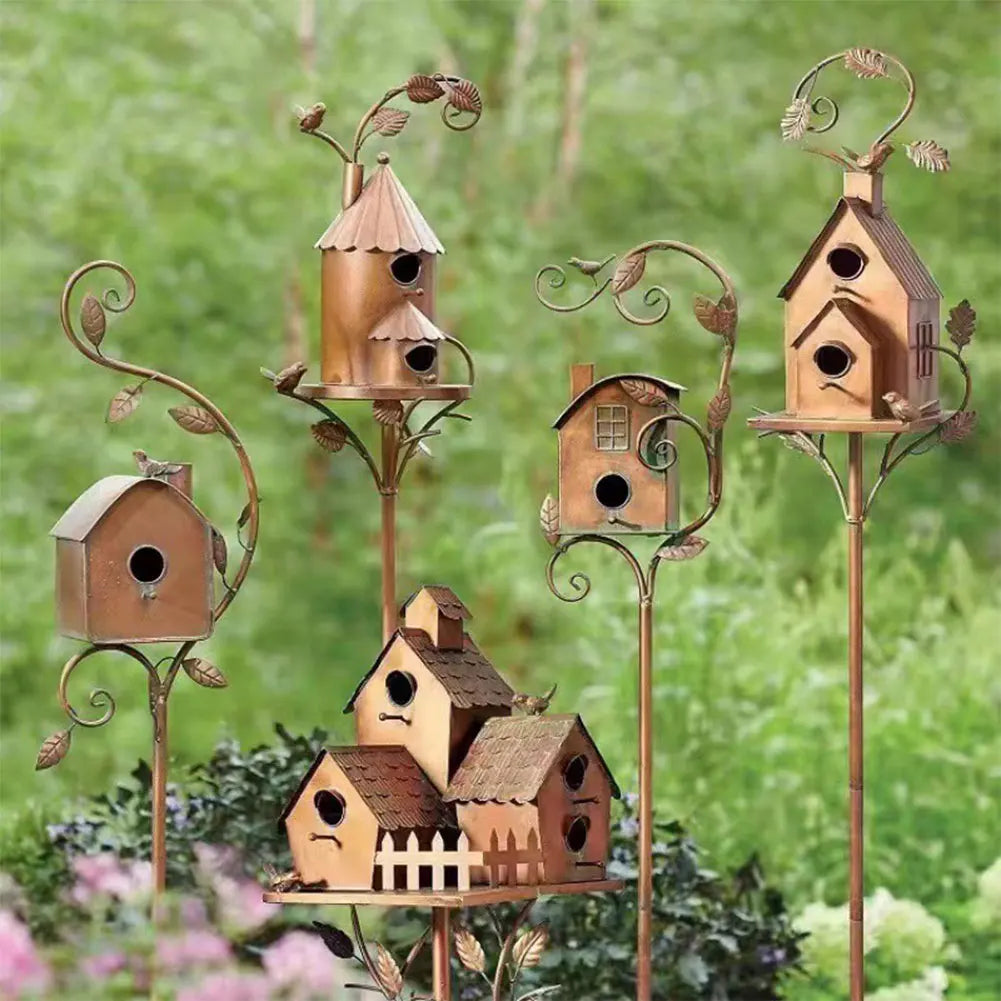 Elegant Metal Birdhouse with Pole for Garden Decoration – Durable and Weather-Resistant Bird House for Outdoor Spaces-3