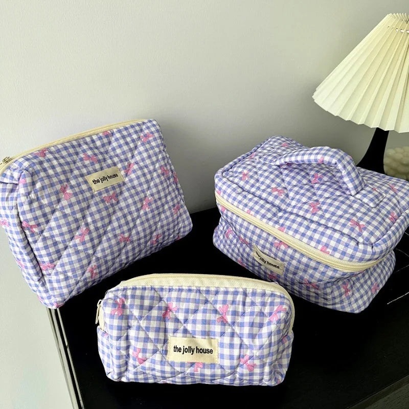 Chloe | Charming Checked Makeup Bag Set with Bow Design