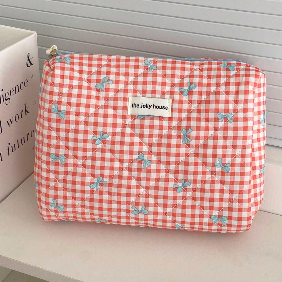 Chloe | Charming Checked Makeup Bag Set with Bow Design