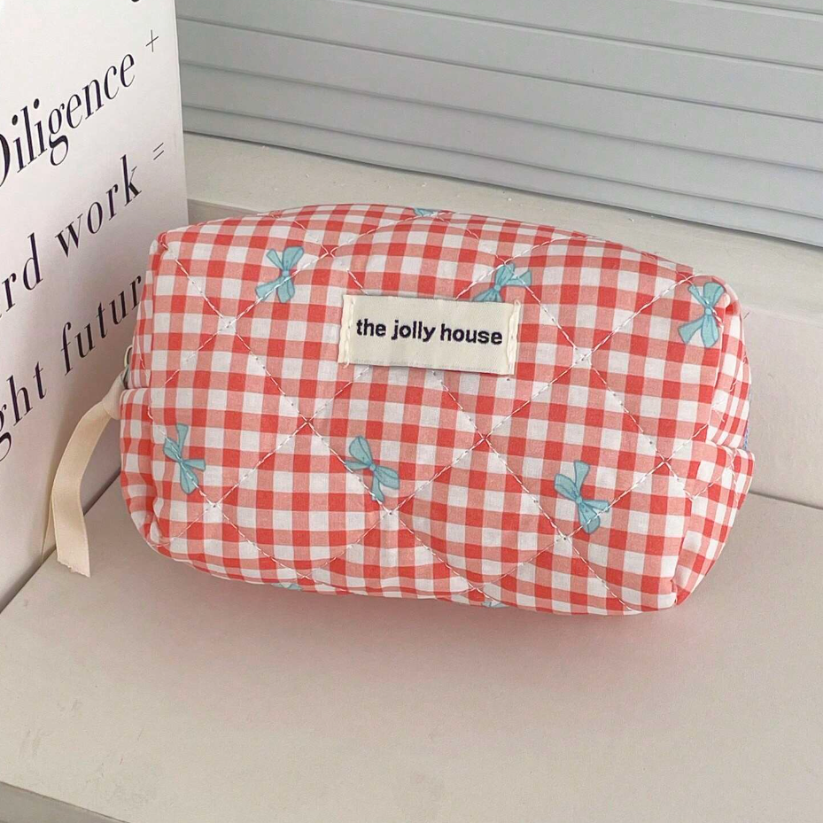 Chloe | Charming Checked Makeup Bag Set with Bow Design
