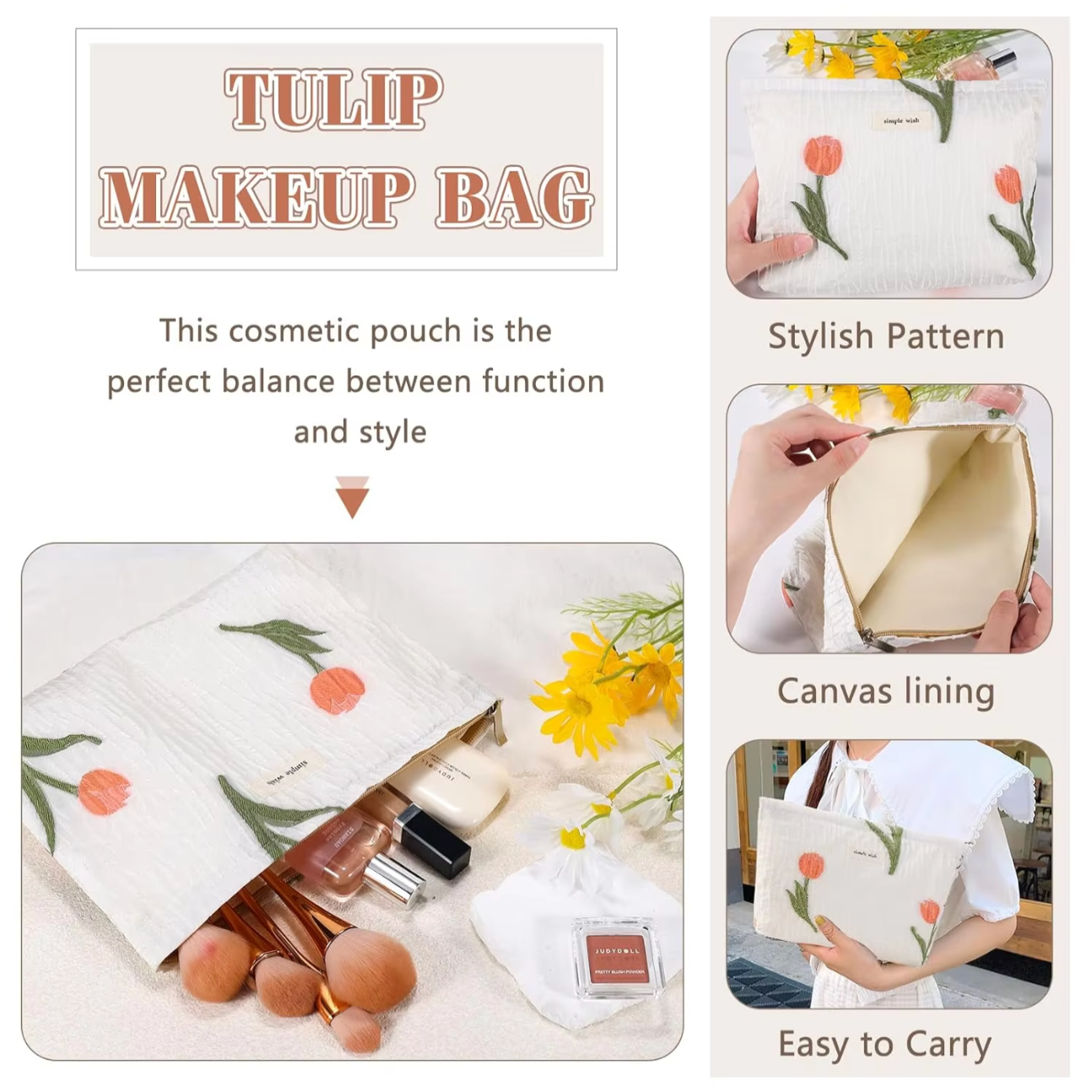 Nataly | Tulip Flower Quilted Canvas Cosmetic Makeup Bag