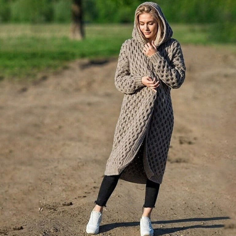 Keli | Cozy Long Knit Hooded Cardigan for Cold Days
