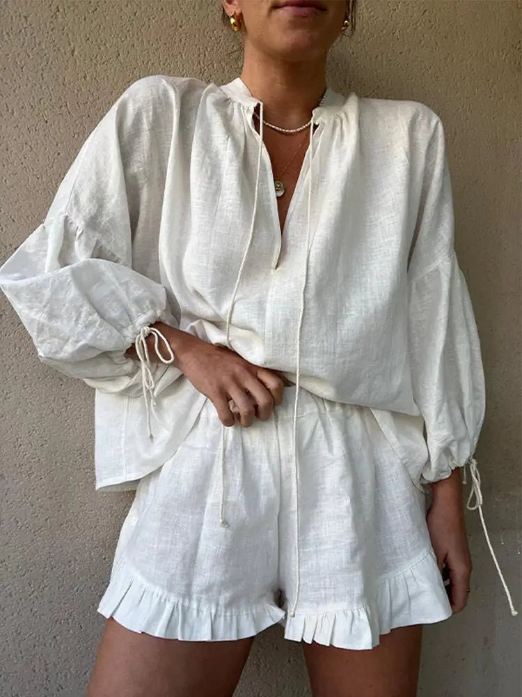 Zara | Elegant V-Neck Shirt And Ruffle Shorts Set