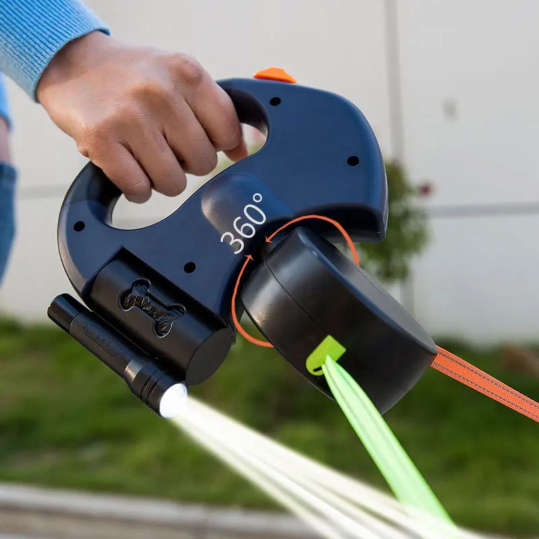 Double pull -out dog leash With flashlight and holder for dog poop bags