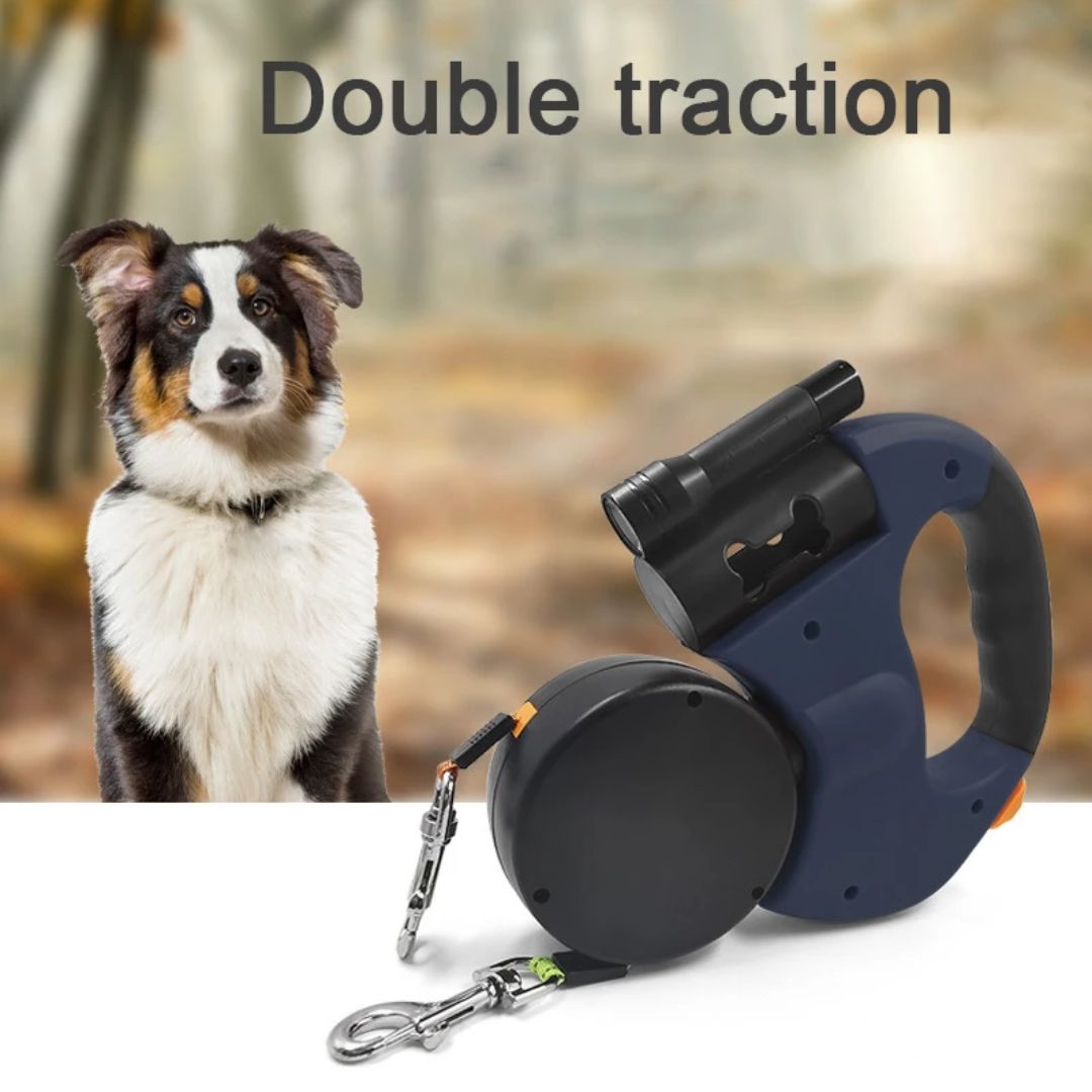 Double pull -out dog leash With flashlight and holder for dog poop bags