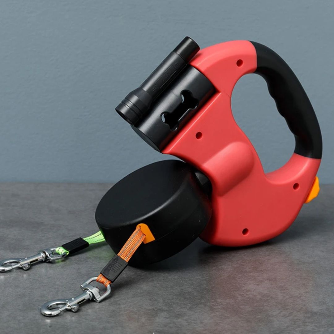 Double pull -out dog leash With flashlight and holder for dog poop bags