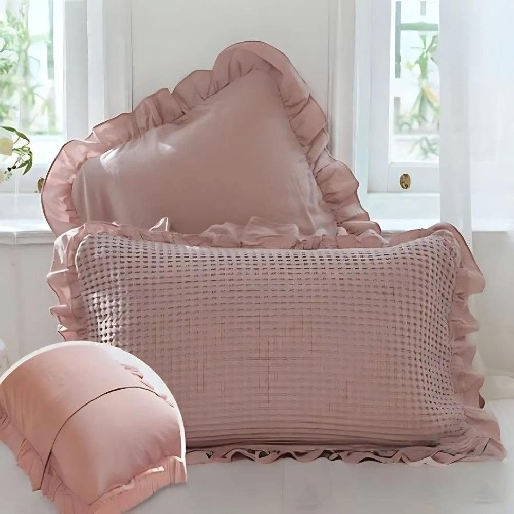 Waffle Weave Cotton Pillowcases with Ruffle (2PCS)