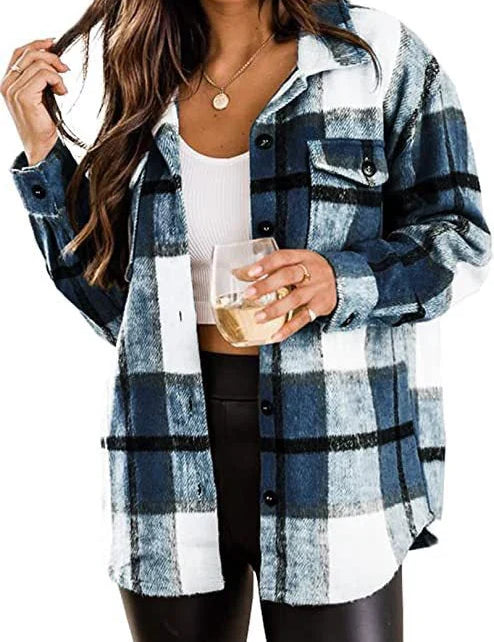 Women's long -sleeved warm shirt jacket | Down button-5