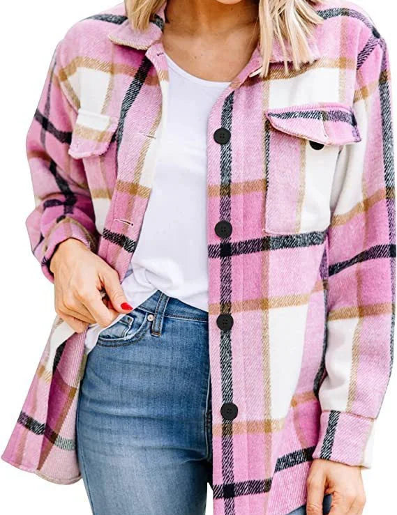 Women's long -sleeved warm shirt jacket | Down button-3