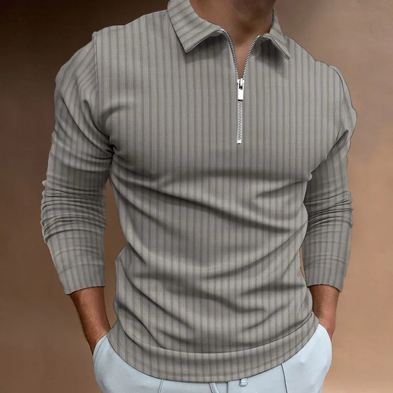 Neal | Solid Color Ribbed Long Sleeve Polo Shirt