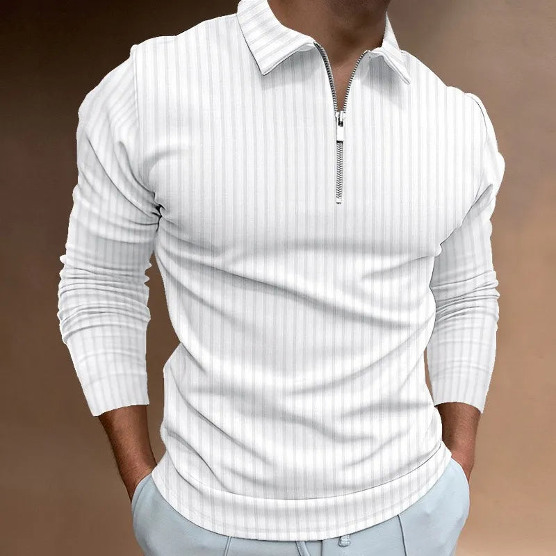 Neal | Solid Color Ribbed Long Sleeve Polo Shirt