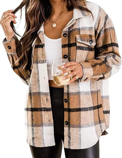 Women's long -sleeved warm shirt jacket | Down button-1