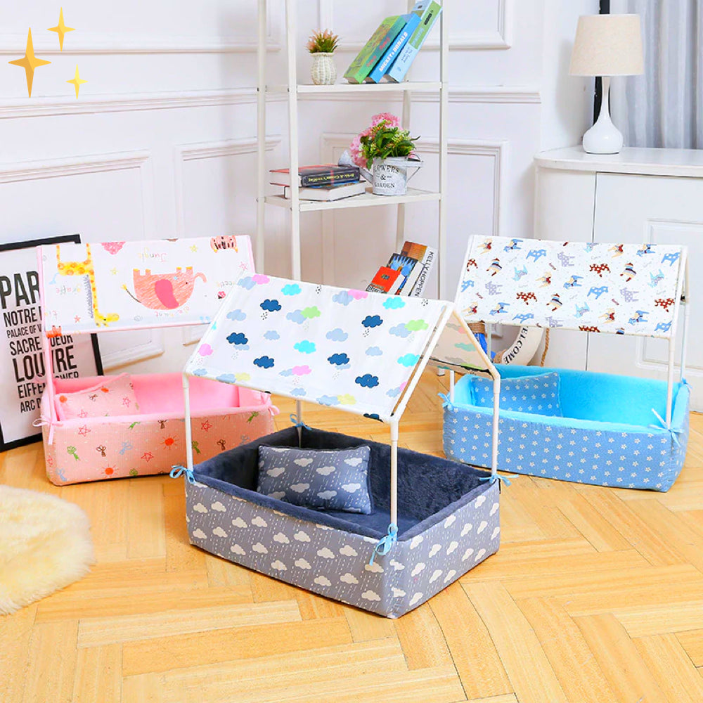 Covered fleece sleep basket with roof and pillow