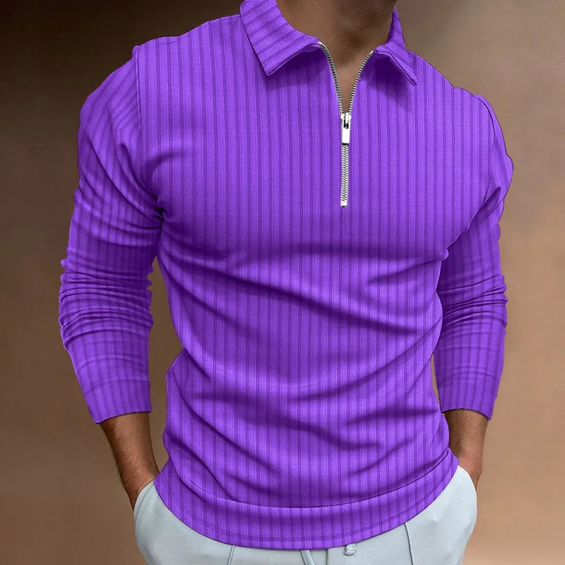 Neal | Solid Color Ribbed Long Sleeve Polo Shirt